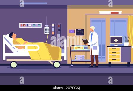Illustration de conception plate du médecin masculin vérifier la santé du patient dans la chambre des patients hospitalisés de l'hôpital Illustration de Vecteur