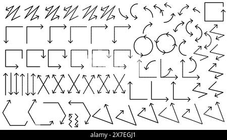 Collection d'icônes de flèche dessinées à la main d'éléments de flèche griffonner, de formes, de lignes, de marque de pointage. Illustration de Vecteur