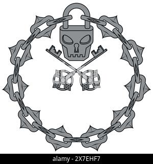 Cadenas en forme de crâne de conception vectorielle avec clés et chaînes de coupe, cercle avec chaîne et cadenas en forme de crâne pour donjons Illustration de Vecteur