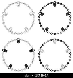 Cercle de conception vectorielle avec chaînes et cadenas pour donjon et donjons, cadenas en forme de crâne avec chaînes de coupe Illustration de Vecteur