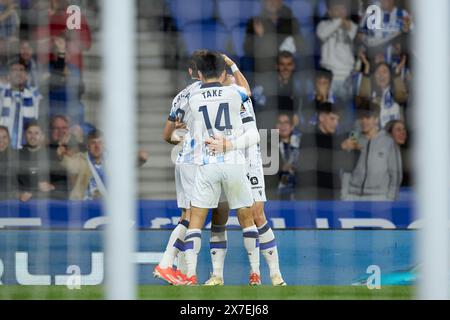 Andre Silva de la Real Sociedad célèbre après avoir marqué le premier but de l'équipe lors du match LaLiga EA Sports entre la Real Sociedad et Valencia CF à Reale Arena le 16 mai 2024, à Saint-Sébastien, en Espagne. Banque D'Images