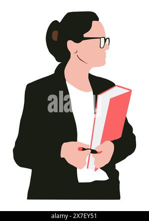 Une femme en costume noir tenant un marqueur et un livre. Banque D'Images