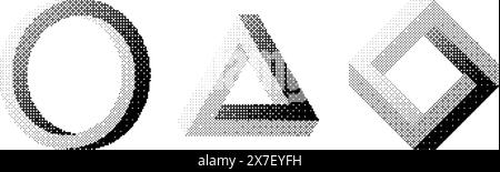 Bitmap formes impossibles définies. Collection d'objets géométriques tramés. Triangle texturé noir, cercle, éléments carrés pour bannière, affiche, dépliant. Faisceau d'effets de trame 3D pixelisés. Pack vectoriel Illustration de Vecteur