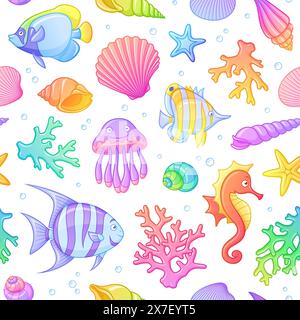 Motif vectoriel sans couture coloré avec des créatures sous-marines de dessin animé poissons, hippocampes, étoiles de mer, méduses et coraux. Illustration de Vecteur