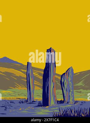 WPA affiche art des Stones debout sur Machrie Moor dans l'île d'Arran en Écosse fait dans l'administration du projet de travaux ou projet d'art fédéral sty Illustration de Vecteur