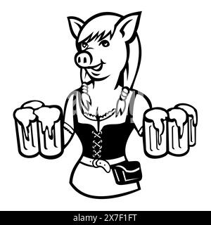 Illustration de mascotte de lady cochon serveuse Oktoberfest, serveuse de bière ou serveuse de bière portant un dirndl servant six tasses de bière vues de face sur isolat Illustration de Vecteur