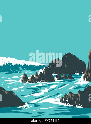 WPA affiche art de surf plage à Rockpile Beach dans la partie sud de Heisler Park à Laguna Beach, Californie CA, États-Unis d'Amérique USA fait Illustration de Vecteur