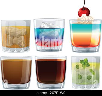 Cocktails assortis dans des verres avec différentes garnitures Illustration de Vecteur