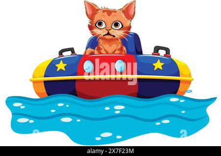 Chat mignon naviguant dans un bateau jouet coloré Illustration de Vecteur