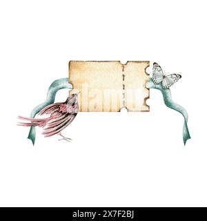 Copiez le billet vintage de l'espace avec un oiseau, un ruban et un papillon. Vide conception vide pour votre texte. Illustration d'aquarelle dessinée à la main isolée Banque D'Images