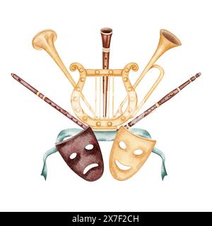 Instruments de musique vintage avec masques de théâtre et ancienne harpe lyre. Illustration d'aquarelle dessinée à la main isolée sur fond blanc. Pour jouer, opéra Banque D'Images