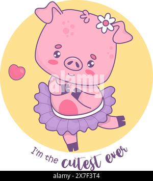 Joyeuse petite ballerine de cochon souriante. Illustration vectorielle. Carte mignonne avec personnage animal kawaii de dessin animé drôle. Collection enfants Illustration de Vecteur