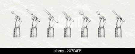 Couverts vintage. Tenez à la main la fourchette, la cuillère et le couteau. Assiette de restaurant. Argenterie de table. Vieux croquis victorien. Cuisine rétro. Cuillère à café en f Illustration de Vecteur