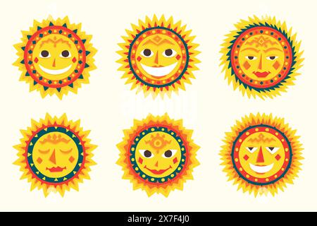 Visages du soleil. Graphique indien abstrait, personnages d'été, sourires de style doodle aztèque ethnique, autocollants de cercles amusants mignons, design coloré brillant du printemps Illustration de Vecteur
