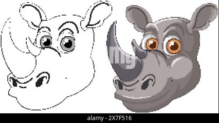 Rhinocéros souriant en versions couleur et contour Illustration de Vecteur