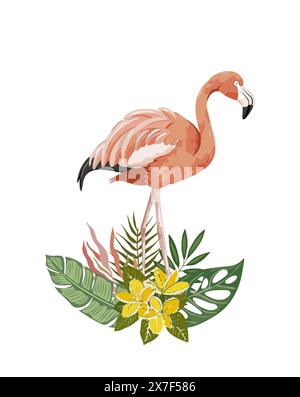 Oiseau rose flamant exotique avec des feuilles tropicales Illustration de Vecteur