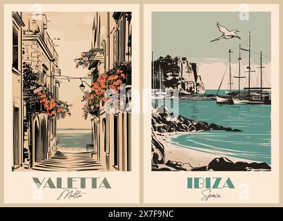 Ensemble d'affiches Travel destination dans un style rétro. Illustration de Vecteur