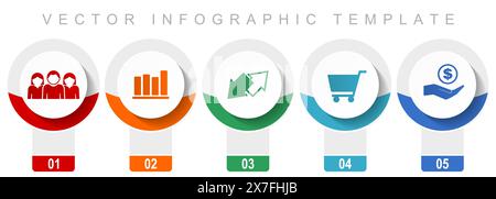 Jeu d'icônes de commerce, diverses icônes vectorielles telles que les clients, graphique, échange, panier et banque, modèle d'infographie de conception moderne, boutons Web en 5 col Illustration de Vecteur