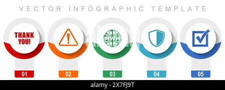 Ensemble d'icônes d'Internet, icônes vectorielles diverses telles que merci, avertissement, WWW, bouclier et vote, modèle d'infographie de conception moderne, boutons web en 5 c. Illustration de Vecteur
