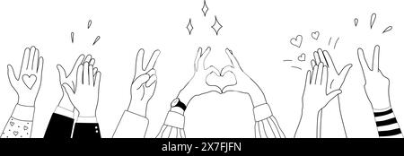 Doodle esquisse mains vers le haut gestes icônes comiques silhouettes ensemble de vecteur. Groupe de mains comiques amusantes d'art en ligne dans l'air. Vote ou joyeuse Félicitation audie Illustration de Vecteur
