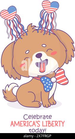 Chien patriotique drôle portant des accessoires de vacances aux couleurs du drapeau américain. Personnage animal kawaii de dessin animé mignon. Carte pour le jour de l'indépendance américaine. Vect Illustration de Vecteur