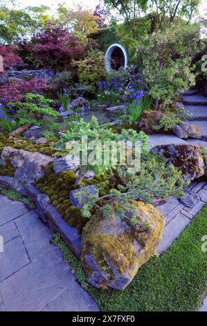 Londres, Royaume-Uni. 20 mai 2024. Journée d'ouverture au salon des fleurs de Chelsea 2024 de la Royal Horticultural Society - l'un des jardins du sanctuaire exposés : le jardin MOROTO no IE. Une famille heureuse crée une ville heureuse. Le jardin du designer Kazuyuki Ishihara, rempli de ses objets préférés, apporte de la joie à sa famille. Le jardin présente une cascade, des feuilles d’automne, de minuscules fleurs parmi la mousse et le véhicule préféré d’Ishihara. Le verdissement des murs mélange le bâtiment avec le jardin, camouflant la structure. Crédit : Michael Preston/Alamy Live News Banque D'Images