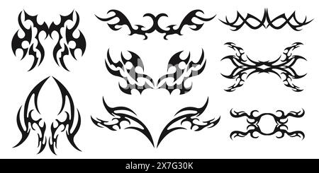 Set Neo tribal y2k esthétique tatouage couverture gothique, feu ou ailes silhouette abstraite isolé sur fond. Diviseur, bordure, ornement de corps cyber, décoration goth web néotribal. Illustration vectorielle Illustration de Vecteur