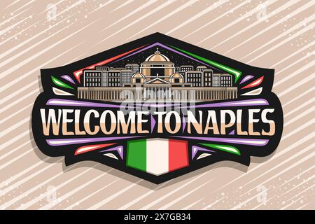 Logo vectoriel pour Naples, étiquette décorative noire avec illustration au trait du célèbre paysage de ville illuminé de naples sur fond de ciel nocturne, dessin au trait desi Illustration de Vecteur