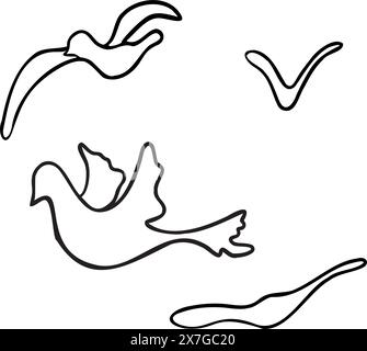 Illustration vectorielle d'oiseaux silhouette noire et blanche isolée. Contour oiseau volant ailes déployées à l'encre dessinée à la main. Simple dessin animé oiseaux contour pour la couleur Illustration de Vecteur