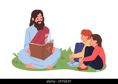 Jésus lit la Bible aux enfants assis sur la pelouse, expliquant aux enfants les commandements de christian Illustration de Vecteur