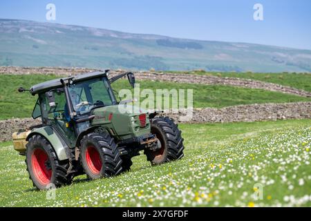 Agriculteur épandant de l'engrais sur un pré de foin traditionnel dans les Yorkshire Dales à l'aide d'un tracteur Hurlimann et d'un épandeur Teagle fert. Yorkshire du Nord, Banque D'Images