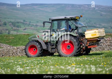 Agriculteur épandant de l'engrais sur un pré de foin traditionnel dans les Yorkshire Dales à l'aide d'un tracteur Hurlimann et d'un épandeur Teagle fert. Yorkshire du Nord, Banque D'Images