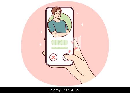 Femme main avec le téléphone tout en utilisant l'application de rencontres ou à la recherche de couple pour la relation romantique sérieuse. Fille met comme l'homme dans l'application mobile du réseau social que je souhaite rencontrer et aller à la date Illustration de Vecteur