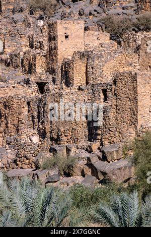 Nakhr, Wadi Ghul, Oman, péninsule arabique. Maisons abandonnées et tours de guet du village de Nakhr. Banque D'Images