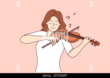 Femme joue du violon, appréciant l'exécution de la mélodie classique et l'arc en mouvement le long des cordes de l'instrument de musique. Fille apprend à jouer du violon, expérimenter l'inspiration et venir avec ses propres succès Illustration de Vecteur