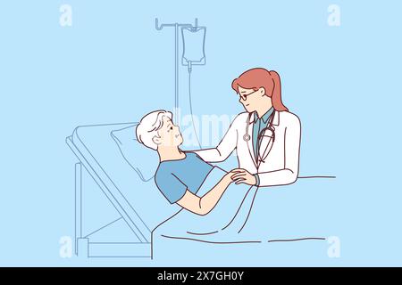 Femme médecin hospice soutient vieil homme mourant couché en soins intensifs après un soutien infructueux. Girl thérapeute travaille dans l'hospice, au service du patient humain connecté à goutte avec des analgésiques. Illustration de Vecteur