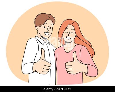 Un couple souriant qui se fait des pouces donne des recommandations pour un service de bonne qualité. Un homme et une femme heureux recommandent la compagnie aux clients. Illustration vectorielle. Illustration de Vecteur