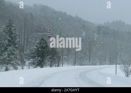 Une route enneigée serpentant à travers une zone boisée avec des arbres enneigés et des flocons de neige qui tombent. Les feux de circulation sont visibles le long de la route. Banque D'Images