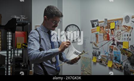 Un homme hispanique avec une moustache dans un bureau de détective examine des preuves à côté d'un panneau de liège avec des indices et des photos. Banque D'Images