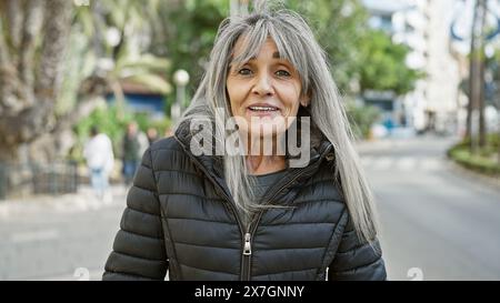 Femme hispanique mature avec de longs cheveux gris souriant dans une rue de la ville. Banque D'Images