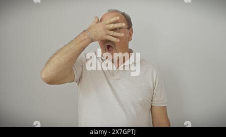 Un homme chauve d'âge moyen surpris avec une moustache couvre ses yeux avec sa main sur un fond blanc. Banque D'Images