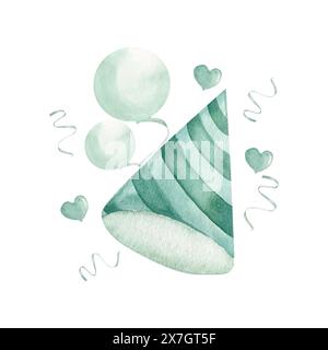 Casquette d'anniversaire avec des rayures en couleur pastel menthe avec des ballons, des confettis et des éléments décoratifs en forme de coeur. Illustration d'aquarelle dessinée à la main pour bi Banque D'Images