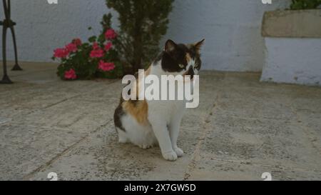 Un chat calico est assis sur un patio extérieur en pierre à côté de fleurs roses en fleurs près d'un mur blanc. Banque D'Images