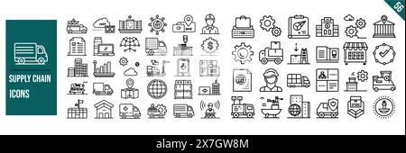 Ensemble d'icônes de ligne de chaîne logistique. Collection d'icônes de contour fin. Illustration vectorielle. Contour modifiable. Illustration de Vecteur