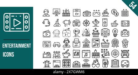 Ensemble d'icônes de ligne de divertissement. Collection d'icônes de contour fin. Illustration vectorielle. Contour modifiable. Illustration de Vecteur