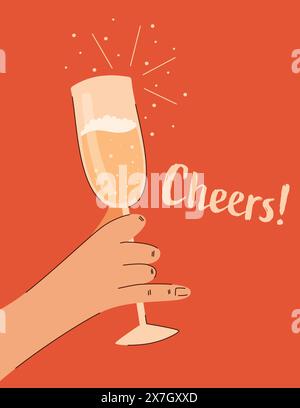 Le mot Cheers écrit près d'une main tenant un champagne Illustration de Vecteur