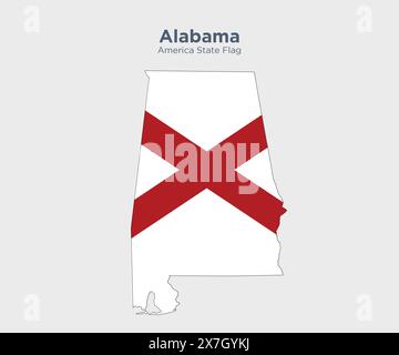 Drapeau et carte de l'Alabama. Drapeaux des états et territoires américains. Drapeau et carte des états d'Amérique sur fond blanc. Banque D'Images