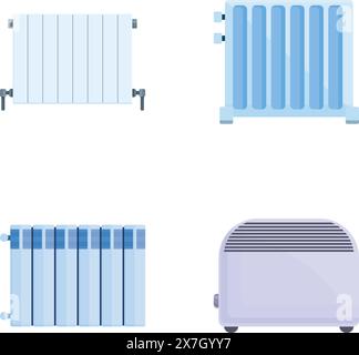 Les icônes de radiateur de chauffage définissent le vecteur de dessin animé. EQUIPEMENT pour fournir de la chaleur à domicile. Dispositif de chauffage Illustration de Vecteur