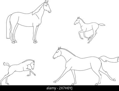 Ensemble de juments avec leurs poulains, contours linéaires pour la coloration. Illustration vectorielle Illustration de Vecteur