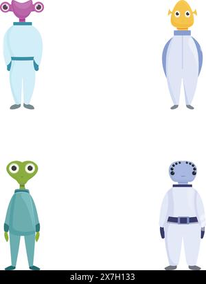 Les icônes extraterrestres de l'espace définissent le vecteur de dessin animé. Drôle d'espace alien ou monstre. Personnage de dessin animé Illustration de Vecteur